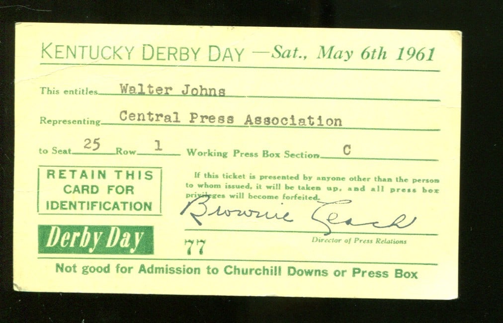 Original Ticket Stub Kentucky Derby 1961 Press Pass May 6 Cary Back: Original Ticket Stub Kentucky Derby 1961 Press Pass May 6 Cary Back This is an original press pass ticket stub from the 1961 Kentucky Derby, held on May 6, 1961. The ticket is a collectible item from 