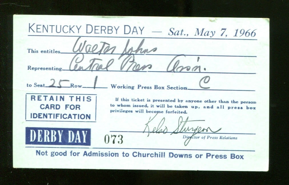 Original 1966 Kentucky Derby Press Pass Ticket for Kauai King (1 of 2)