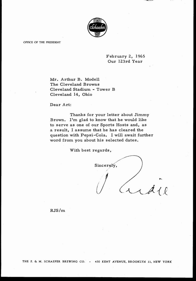 1965 Original Letter to Browns' Art Modell on Jim Brown Sports Hosting (1 of 2)