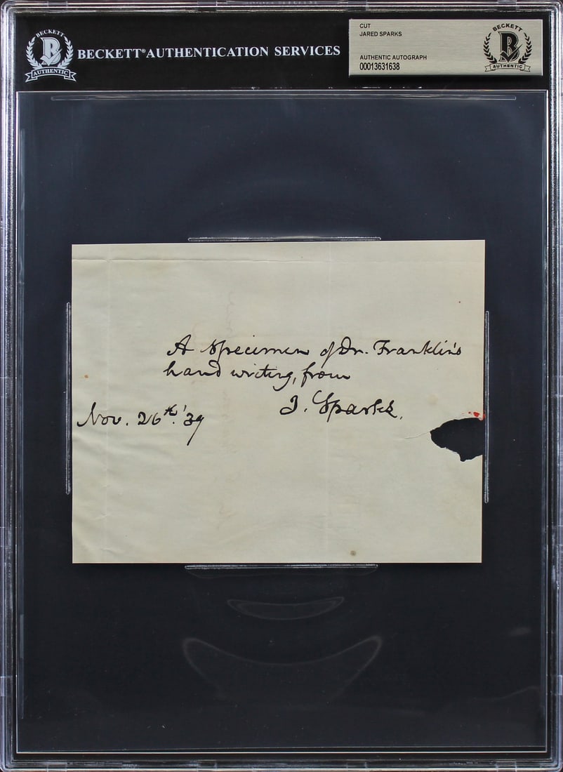 Jared Sparks 1839 Cut Signature Autographed BAS Slabbed 5x6.25: Jared Sparks 1839 Cut Signature Autographed BAS Slabbed 5x6.25 This remarkable item features an authentic cut signature personally signed by Jared Sparks, dated November 23, 1839. The signature measur
