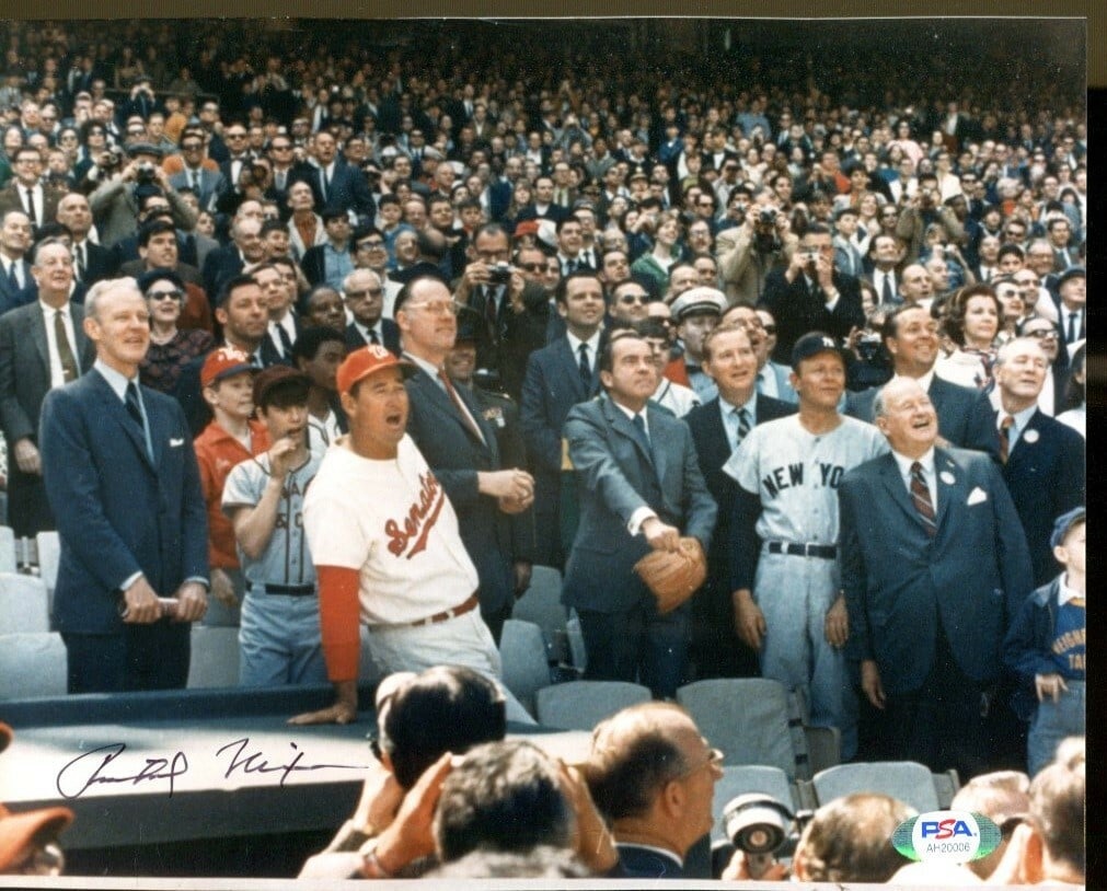 Richard Nixon Autographed Baseball Photo 8x10 PSA/DNA Opening Day: Richard Nixon Autographed Baseball Photo 8x10 PSA/DNA Opening Day This is an original 8x10 photograph featuring Richard Nixon, signed and authenticated by PSA/DNA. The image captures a notable moment 