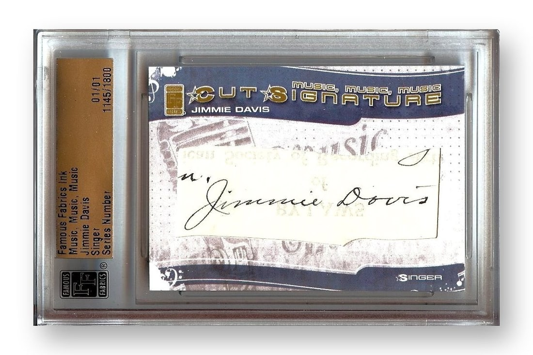 Jimmie Davis Autographed Cut Signature 1/1 Authenticated by Famous Fabrics: Jimmie Davis Autographed Cut Signature 1/1 Authenticated by Famous Fabrics This unique item features an original cut signature of Jimmie Davis, the renowned singer and politician. Authenticated by Fam