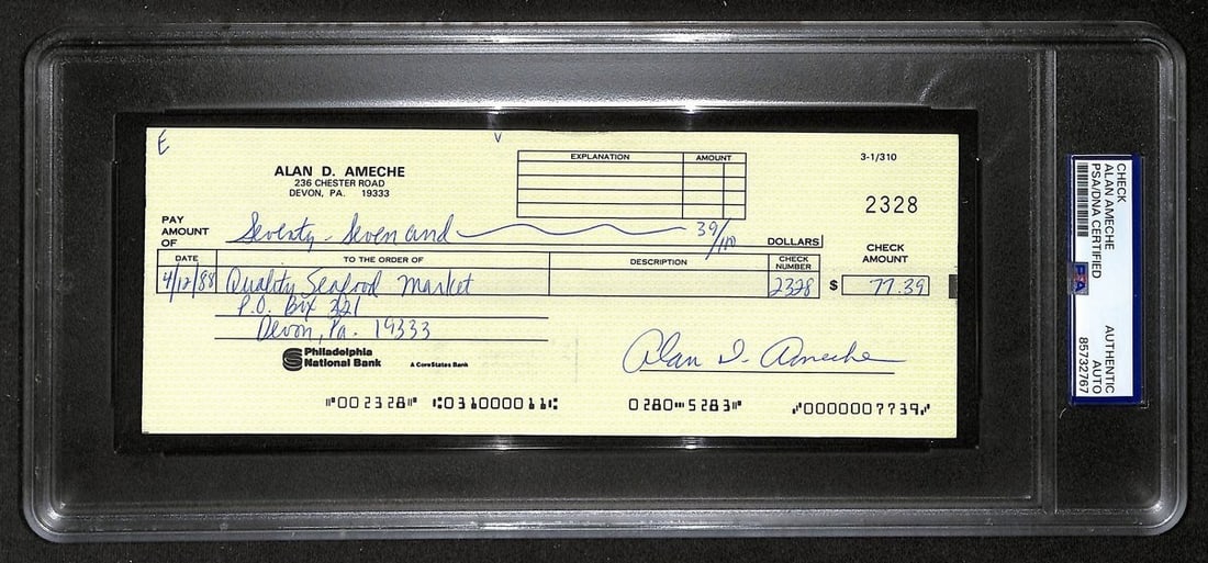 1988 Alan Ameche signed bank check PSA DNA authenticated: 1988 Alan Ameche signed bank check PSA DNA authenticated This is an original 1988 bank check signed by Alan Ameche, the 1954 Heisman Trophy winner from Wisconsin and former Baltimore Colts player. The