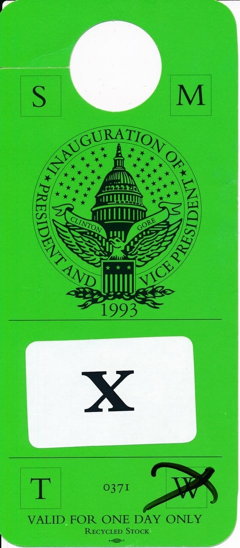 1993 Bill Clinton Inauguration Signed Green Parking Pass Collectible (1 of 1)