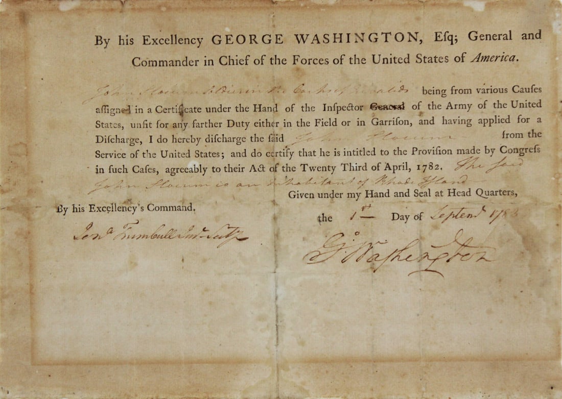 George Washington 1783 Signed Revolutionary War Discharge Document Beckett COA: George Washington 1783 Signed Revolutionary War Discharge Document Beckett COA This remarkable Revolutionary War discharge document, personally signed by George Washington, dates back to September 1, 