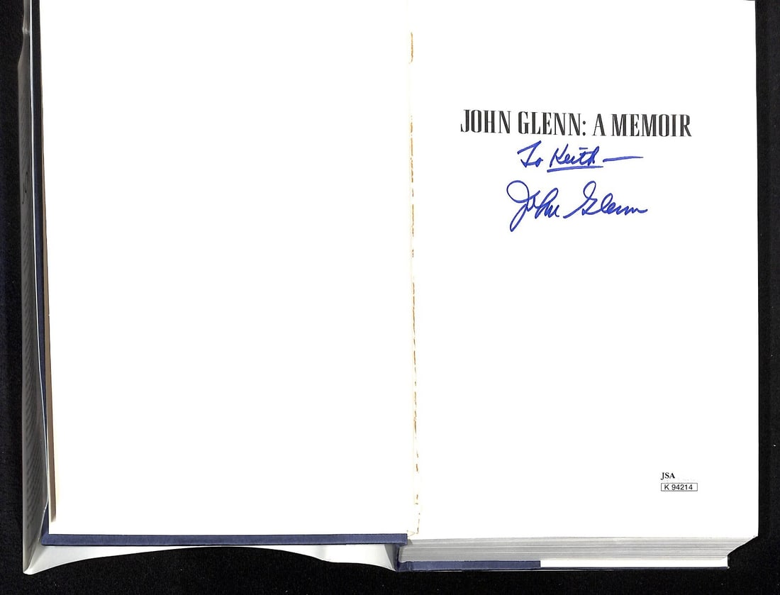 John Glenn Signed Memoir Book JSA Authenticated NASA Astronaut: John Glenn Signed Memoir Book JSA Authenticated NASA Astronaut This is a pre-owned copy of "John Glenn A Memoir" authored by astronaut John Glenn. The book is a firsthand account of Glenn's experience