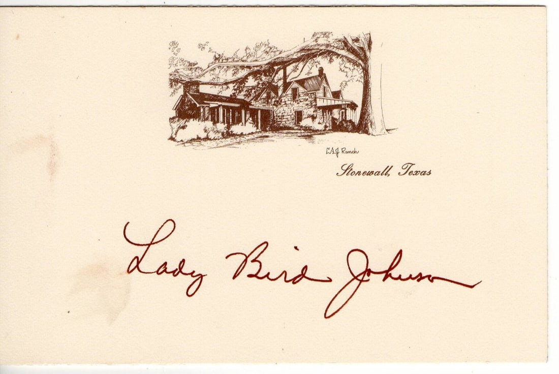Lady Bird Johnson Autographed Index Card Beckett Authenticated: Lady Bird Johnson Autographed Index Card Beckett Authenticated This is an original signed index card by Lady Bird Johnson, the former First Lady of the United States. Measuring approximately 3.75 x 5.