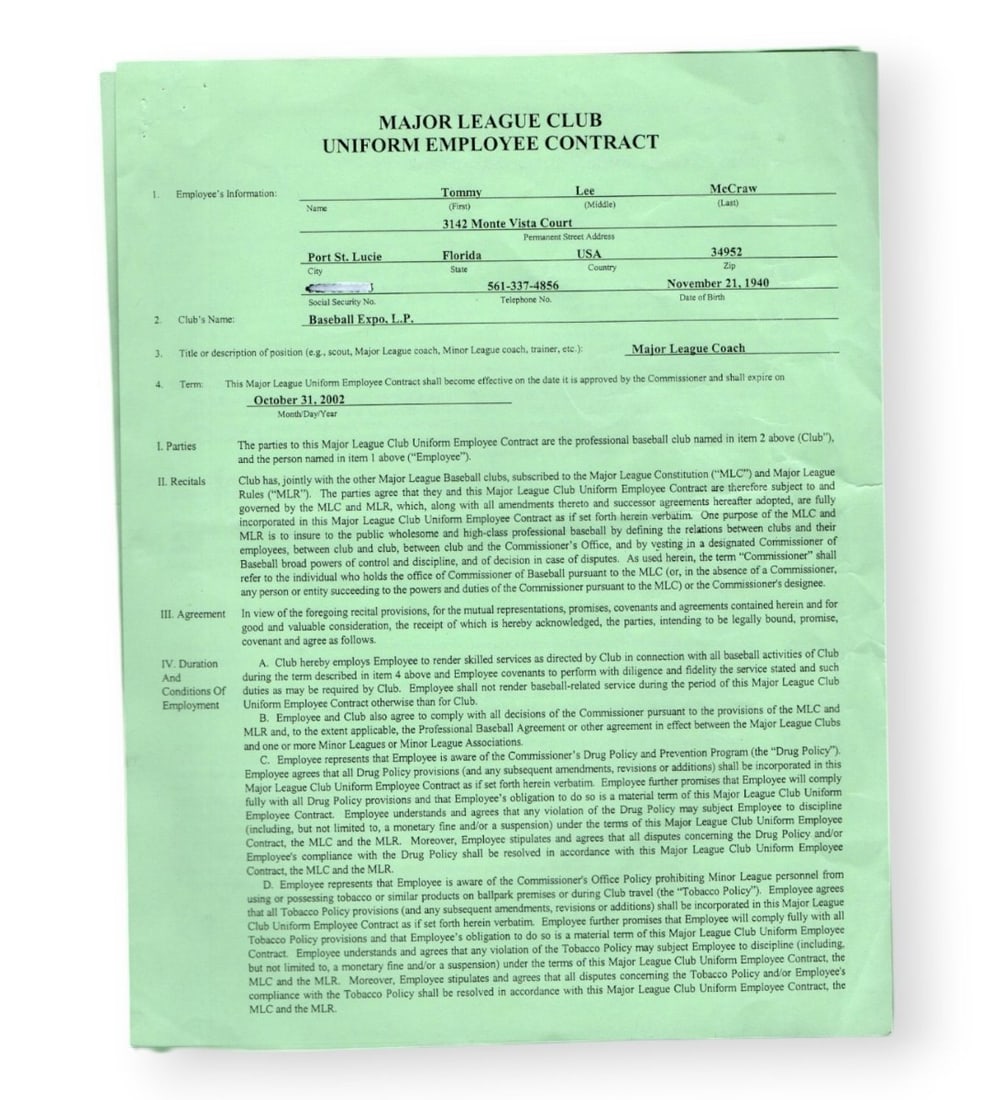Tom McCraw Autographed Contract White Sox 2002 JSA Certified: Tom McCraw Autographed Contract White Sox 2002 JSA Certified This item features an original contract signed by Tom McCraw, a notable player associated with the White Sox and the Expos. The autograph c