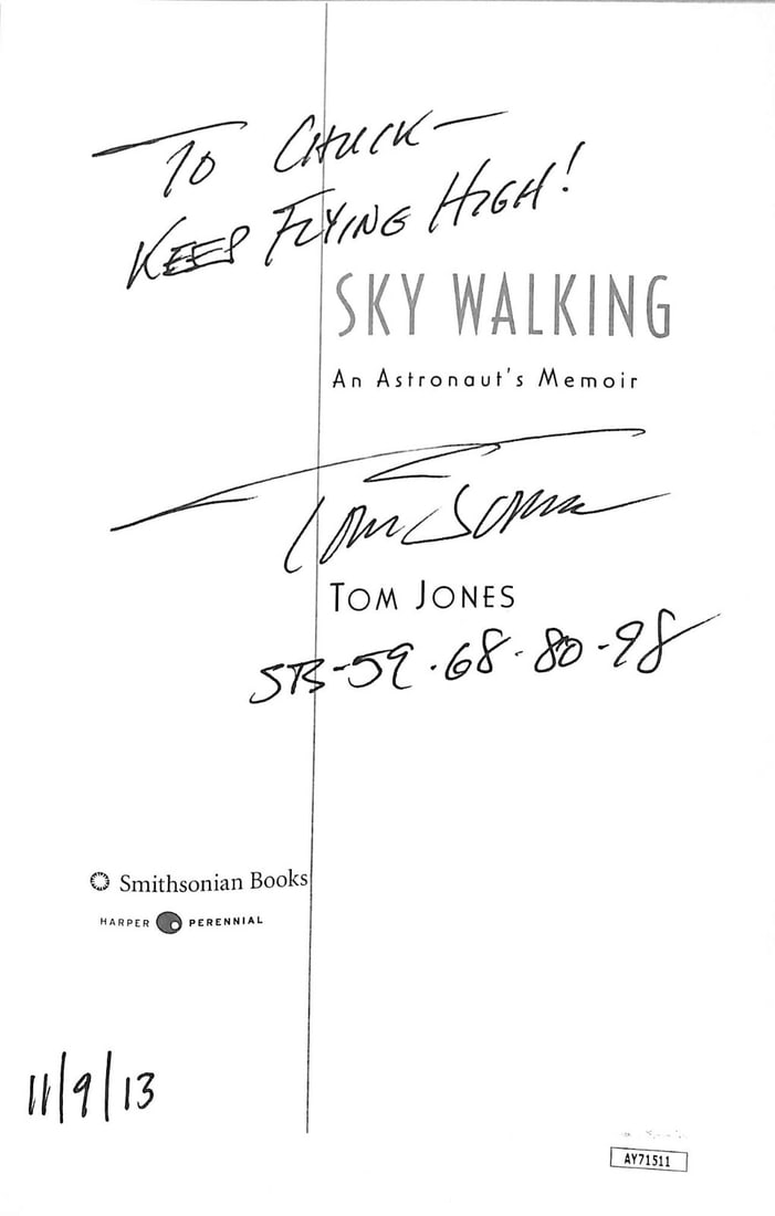 Tom Jones Signed Sky Walking Book with JSA Authentication: Tom Jones Signed Sky Walking Book with JSA Authentication This is an original copy of "Sky Walking" by Tom Jones, featuring his autograph. The book is an intriguing insight into the life of an astrona