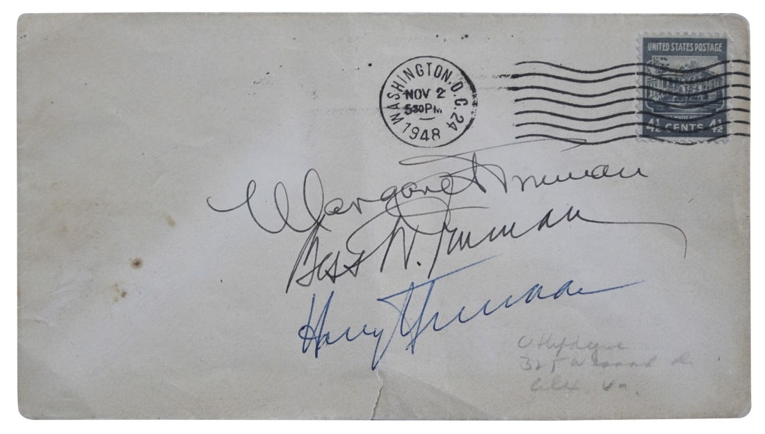 Truman Family Signed Cachet Envelope 3.65x6.5 JSA Authenticated November 2 1948: Truman Family Signed Cachet Envelope 3.65x6.5 JSA Authenticated November 2 1948 This original cachet envelope, measuring 3.65 by 6.5 inches, is postmarked November 2, 1948, and personally signed by Ha