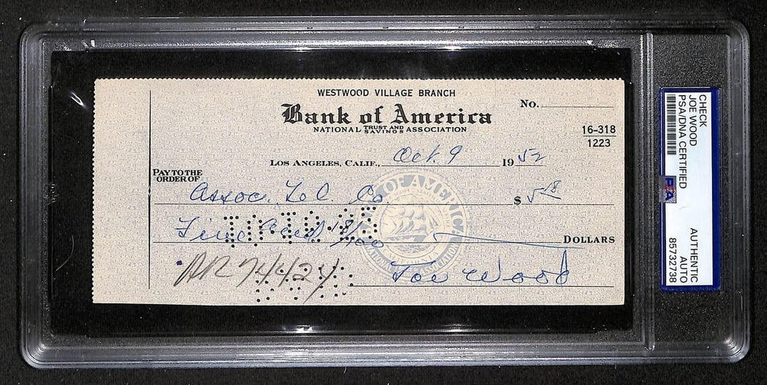 1952 Bank Check Signed by Smokey Joe Wood Boston Red Sox PSA DNA Authenticated: 1952 Bank Check Signed by Smokey Joe Wood Boston Red Sox PSA DNA Authenticated This is an original 1952 bank check signed by Smokey Joe Wood, the Hall of Fame baseball player associated with the Bosto