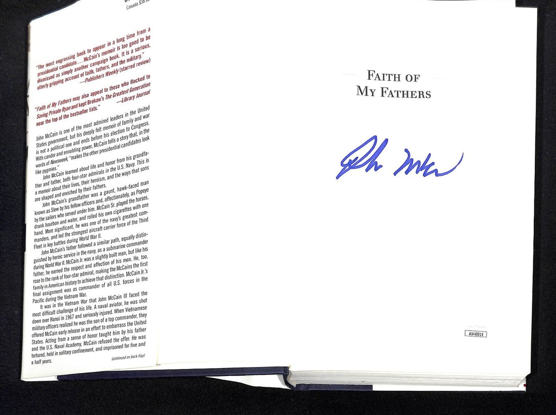 John McCain Signed Hardcover Book Faith Of My Fathers JSA 97177: John McCain Signed Hardcover Book Faith Of My Fathers JSA 97177 This is a pre-owned hardcover book titled "Faith Of My Fathers" authored by John McCain, featuring his autograph. This book reflects McC