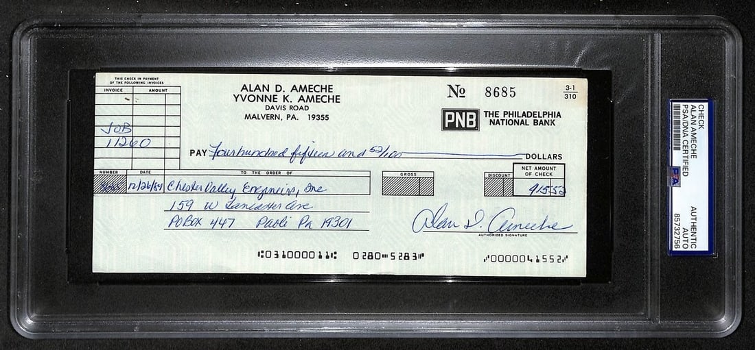 1984 Bank Check Signed by Alan Ameche Wisconsin Heisman PSA DNA Authenticated: 1984 Bank Check Signed by Alan Ameche Wisconsin Heisman PSA DNA Authenticated This item is an original 1984 bank check signed by Alan Ameche, the 1954 Heisman Trophy winner from Wisconsin and a player