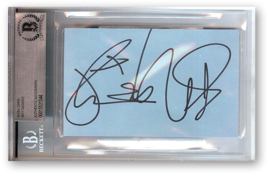 Boy George Autographed Index Card Culture Club Beckett Authenticated: Boy George Autographed Index Card Culture Club Beckett Authenticated This is an authentic autographed index card signed by Boy George, the iconic lead singer of Culture Club. The index card is enclose