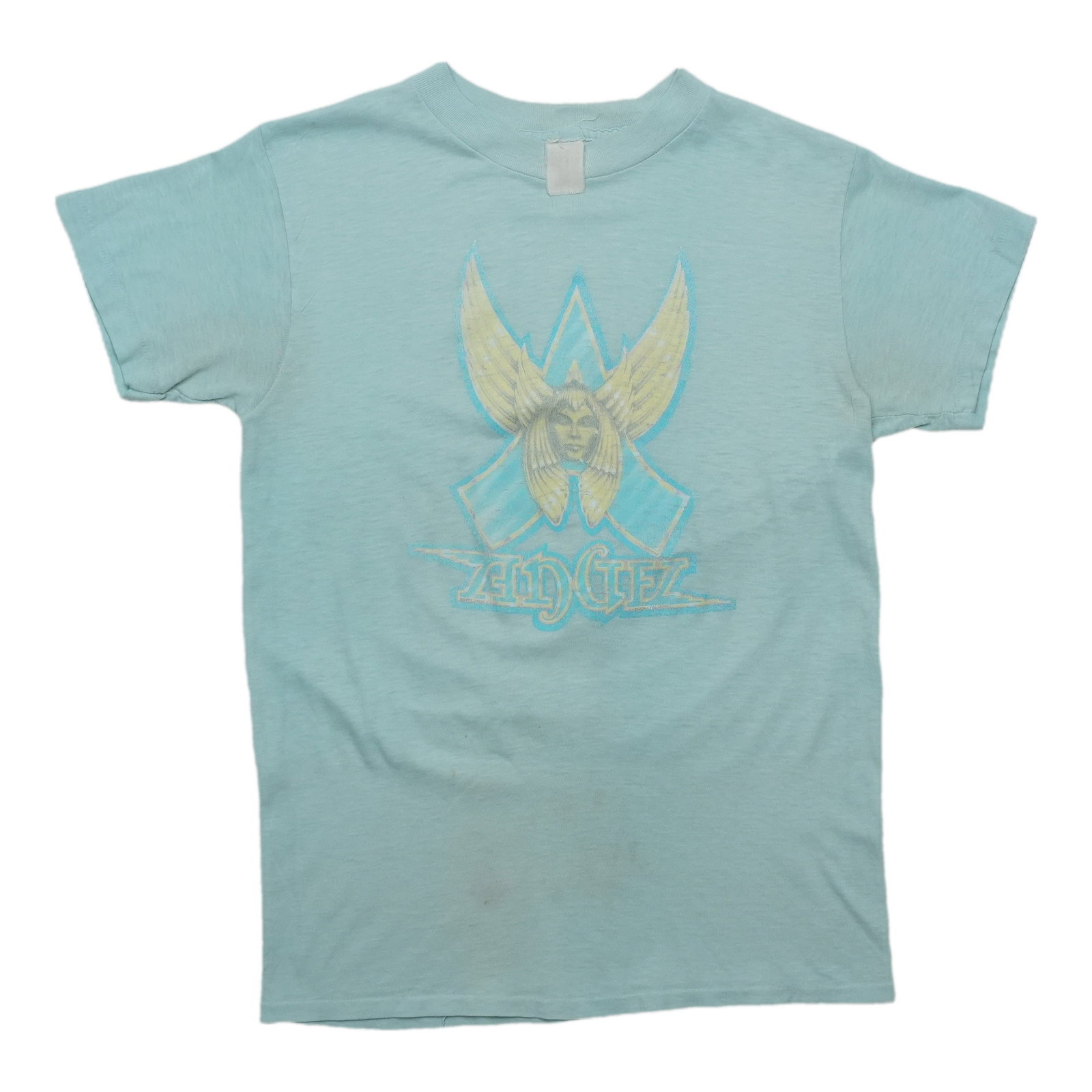 Vintage 1980s Angel Band Blue Cotton Shirt Large: Vintage 1980s Angel Band Blue Cotton Shirt Large This is an original vintage 1980s Angel Band shirt featuring a front graphic design. Made from 100% cotton in blue, this shirt is in worn condition wit