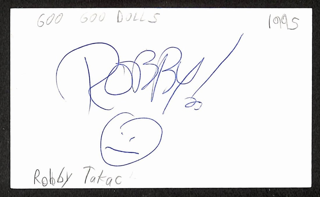 Robby Takac signed 3x5 index card JSA: Robby Takac signed 3x5 index card JSA This item is a 3x5 index card autographed by Robby Takac of the Goo Goo Dolls. The signature comes with JSA authentication (BA209529). The card is in pre-owned co