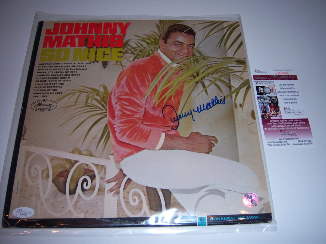 Signed Johnny Mathis So Nice Vinyl Album With JSA COA Authentication: Signed Johnny Mathis So Nice Vinyl Album With JSA COA Authentication This is an original "So Nice" LP record album signed by Johnny Mathis. The album includes authentication by JSA/COA. It is a pre-ow