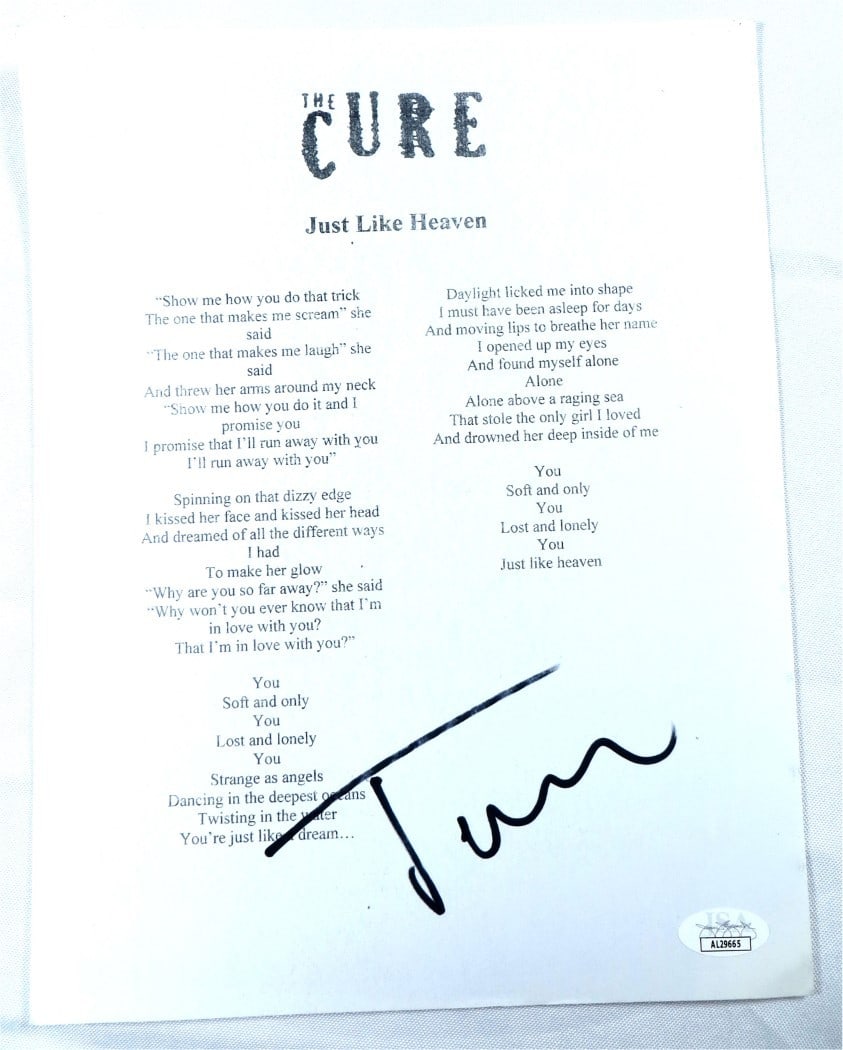 Just Like Heaven Lyric Sheet Signed by Jason Cooper JSA Authenticated (1 of 2)