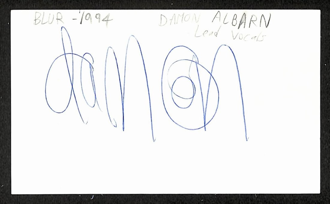 Damon Albarn signed Gorillaz 3x5 index card JSA BA209599: Damon Albarn signed Gorillaz 3x5 index card JSA BA209599 This is an original 3x5 index card autographed by Damon Albarn, known for his association with Gorillaz. The item has been authenticated and co