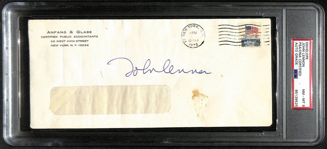PSA DNA graded John Lennon signed Beatles envelope with JSA LOA: PSA DNA graded John Lennon signed Beatles envelope with JSA LOA This is an original envelope signed by John Lennon of The Beatles. The envelope measures 4 1/8 x 9 1/2 inches and has been authenticated