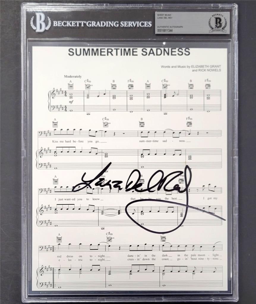 Lana Del Rey autographed Summertime Sadness 8x10 sheet Beckett authenticated: Lana Del Rey autographed Summertime Sadness 8x10 sheet Beckett authenticated This is an original 8x10 music song sheet for "Summertime Sadness" signed by Lana Del Rey. The autograph has been authentic
