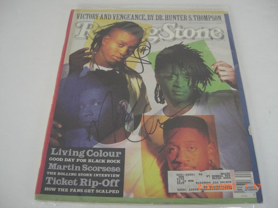 Rolling Stone Magazine Signed by Living Colour Members JSA COA: Rolling Stone Magazine Signed by Living Colour Members JSA COA This is an original Rolling Stone magazine signed by Living Colour members Corey Glover, Vernon Reid, and Will Calhoun. The item originat