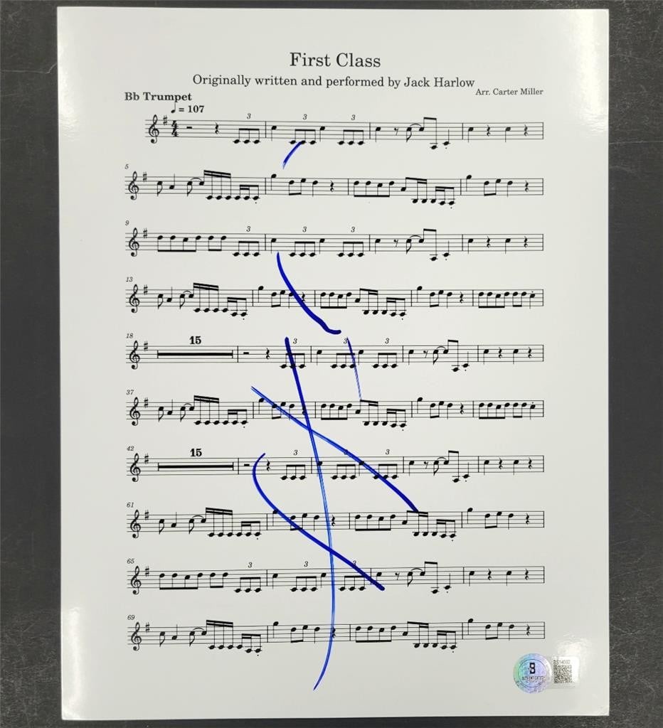 Jack Harlow Autographed First Class Song Sheet 8.5x11 Beckett Authenticated (1 of 2)