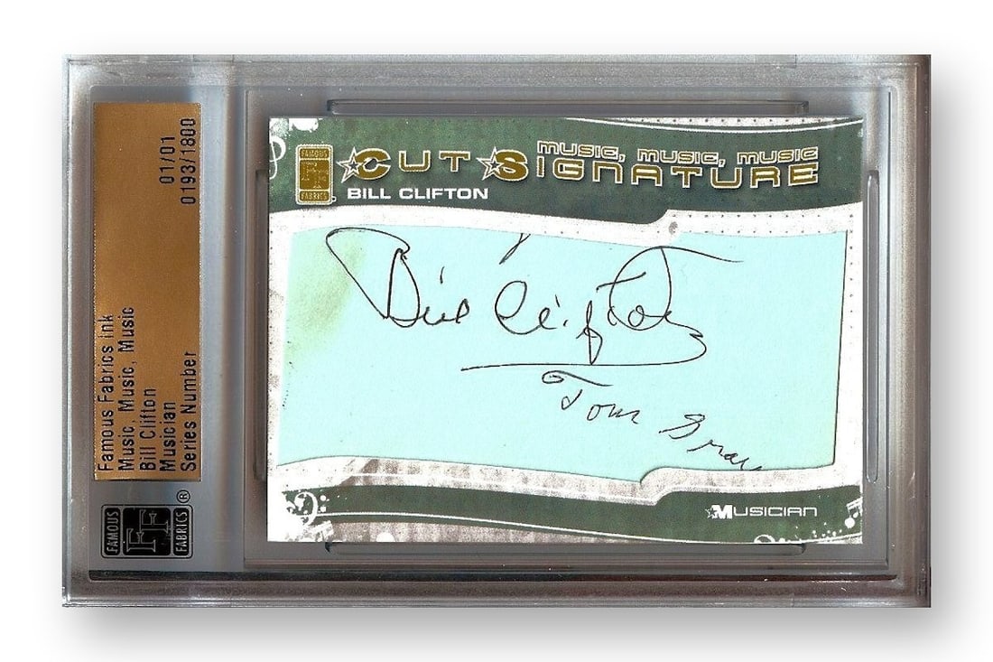Bill Clifton 1 of 1 Autographed Cut Signature by Famous Fabrics: Bill Clifton 1 of 1 Autographed Cut Signature by Famous Fabrics This is an original autographed cut signature of Bill Clifton, a renowned bluegrass singer. This unique piece is slabbed and authenticat