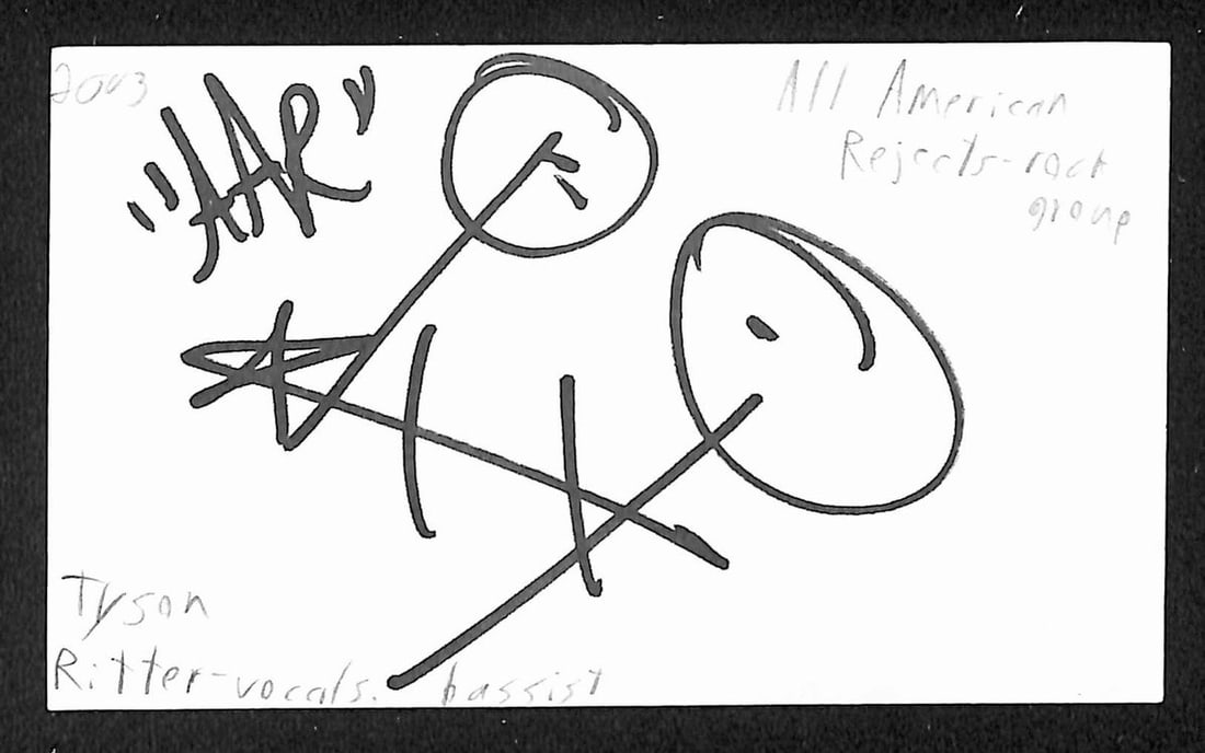 Tyson Ritter signed 3x5 index card JSA: Tyson Ritter signed 3x5 index card JSA This is an original 3x5 index card autographed by Tyson Ritter of the All-American Rejects. The signed card is authenticated by JSA with certification number BA2