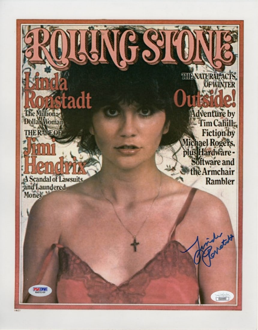 Linda Ronstadt Signed 11x14 Photo Rolling Stone Cover JSA Authenticated: Linda Ronstadt Signed 11x14 Photo Rolling Stone Cover JSA Authenticated This is an original 11X14 photograph featuring the iconic Linda Ronstadt, signed by the artist herself. The photo captures Ronst