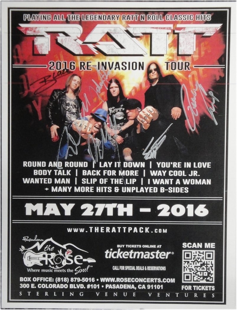 Autographed 8x10 Photo Bobby Blotzer With 2016 Ratt Lineup Authenticated: Autographed 8x10 Photo Bobby Blotzer With 2016 Ratt Lineup Authenticated This is an original 8x10 photograph autographed by Bobby Blotzer and members of the 2016 lineup of the band Ratt. The photo ori