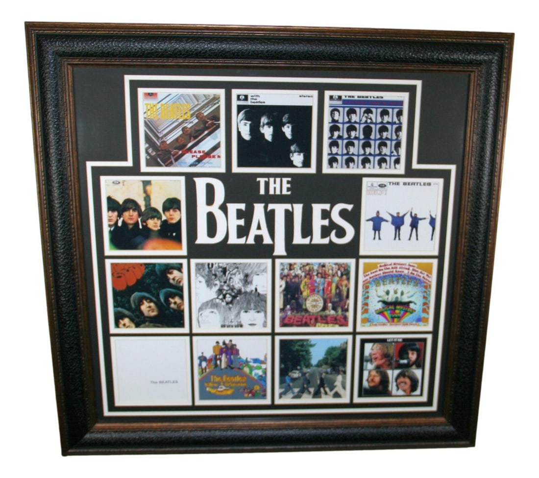 The Beatles 28 x 28 Framed 13 Photo Album Cover Collage: The Beatles 28 x 28 Framed 13 Photo Album Cover Collage This stunning framed collage features 13 iconic album covers from The Beatles, each capturing the essence of their legendary music career. Measu