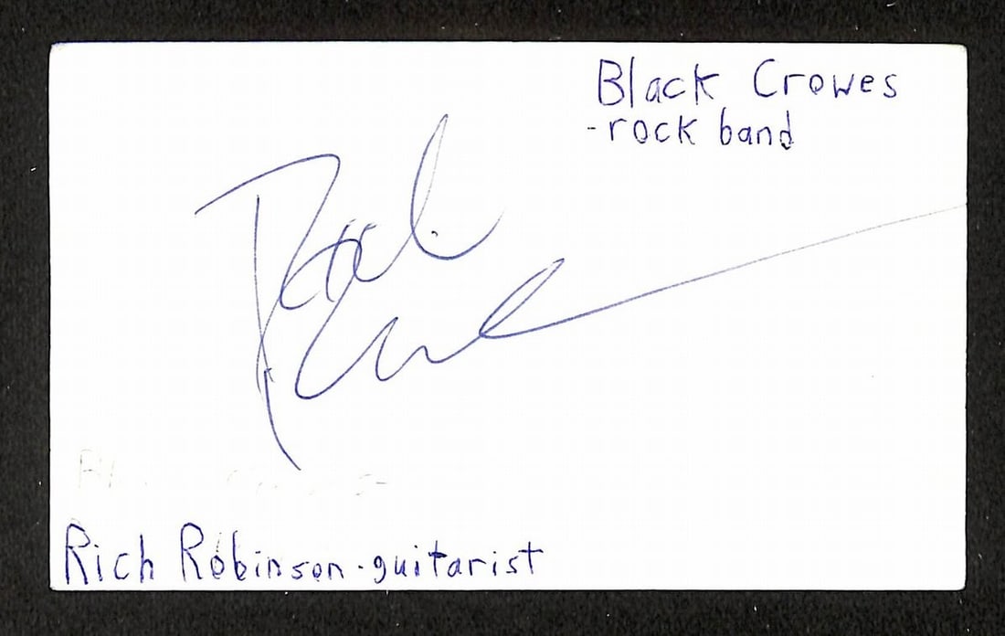 Rich Robinson signed 3x5 index card JSA BA209549: Rich Robinson signed 3x5 index card JSA BA209549 This is an original 3x5 index card autographed by Rich Robinson of the Black Crowes. The signed item comes with JSA authentication (BA209549) and is in