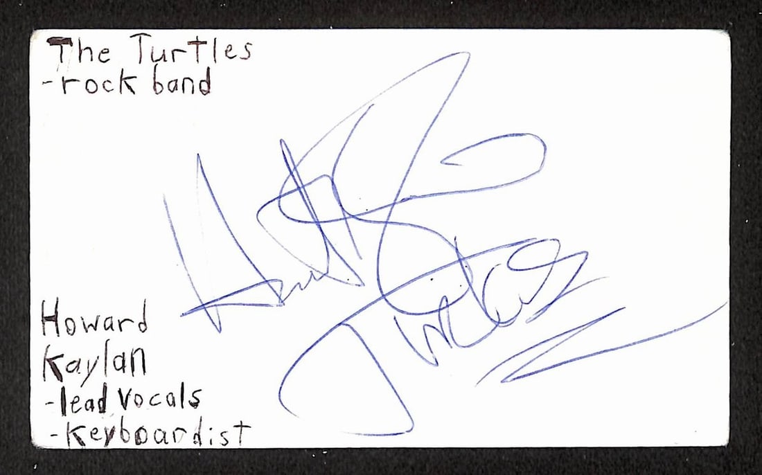 Howard Kaylan signed 3x5 index card JSA: Howard Kaylan signed 3x5 index card JSA This is an original 3x5 index card autographed by musician Howard Kaylan. The card is authenticated by JSA (certification number BA209553) and is in pre-owned c