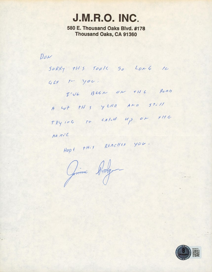 Jimmie Rogers Signed Handwritten Letter 8.5x11 BAS Authenticated (1 of 5)
