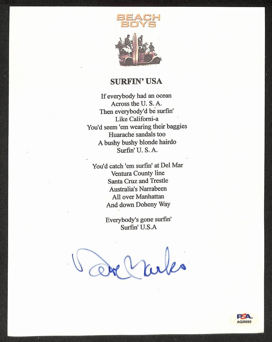 Surfin USA Lyrics Sheet Signed by Dave Marks With PSA DNA Authentication: Surfin USA Lyrics Sheet Signed by Dave Marks With PSA DNA Authentication This is an original 8.5x11 inch lyrics sheet for "Surfin USA," signed by Dave Marks of the Beach Boys. The item has been authen
