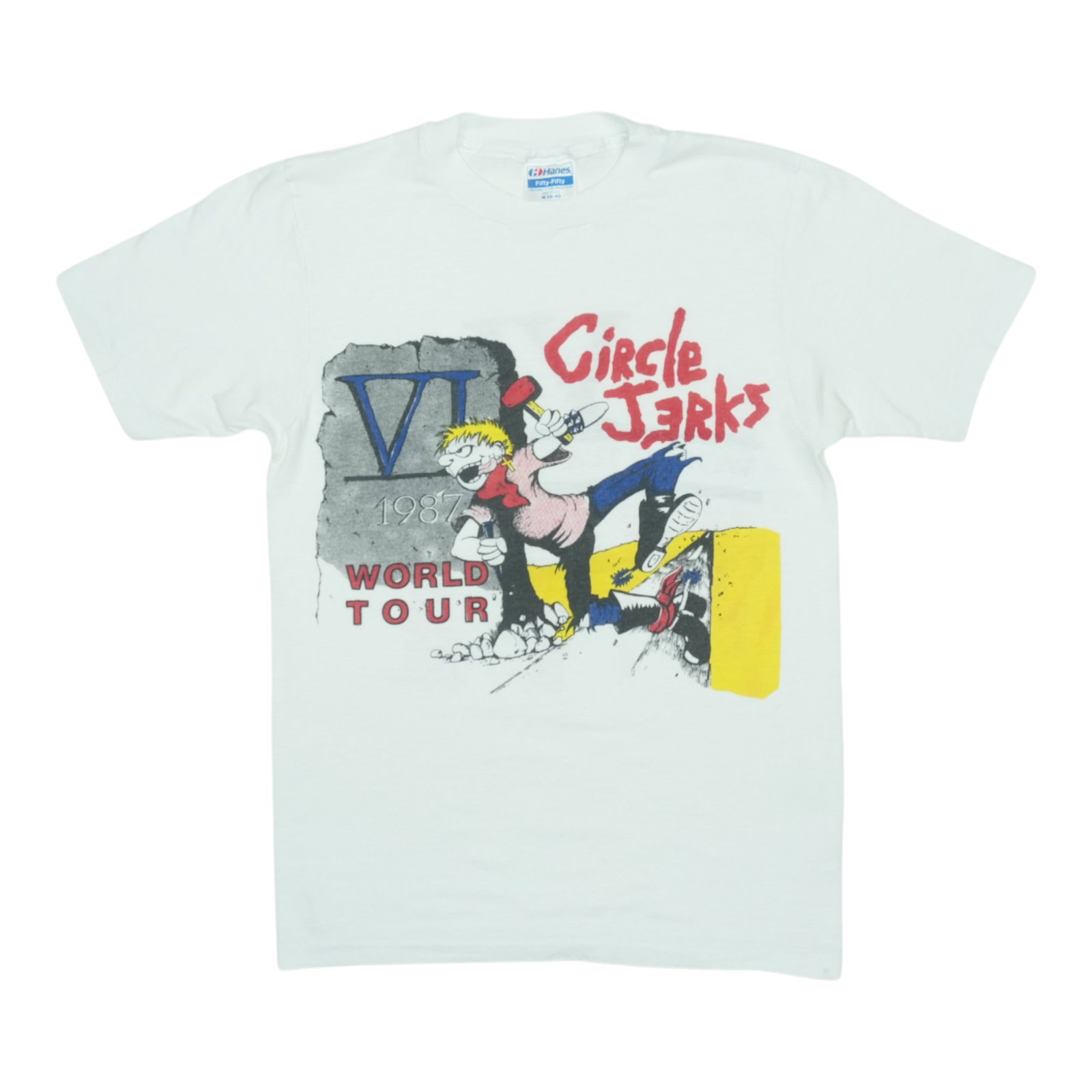Vintage 1987 Circle Jerks Tour T-Shirt White Poly Cotton Size Medium: Vintage 1987 Circle Jerks Tour T-Shirt White Poly Cotton Size Medium This is an original vintage 1987 Circle Jerks World Tour shirt, featuring both front and back graphics. Made from a 50/50 poly-cott