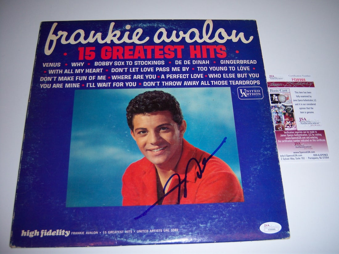 Signed Frankie Avalon Greatest Hits LP Album with JSA COA: Signed Frankie Avalon Greatest Hits LP Album with JSA COA This is an original LP record album featuring "15 Greatest Hits" by Frankie Avalon. The album has been signed and comes with a JSA Certificate