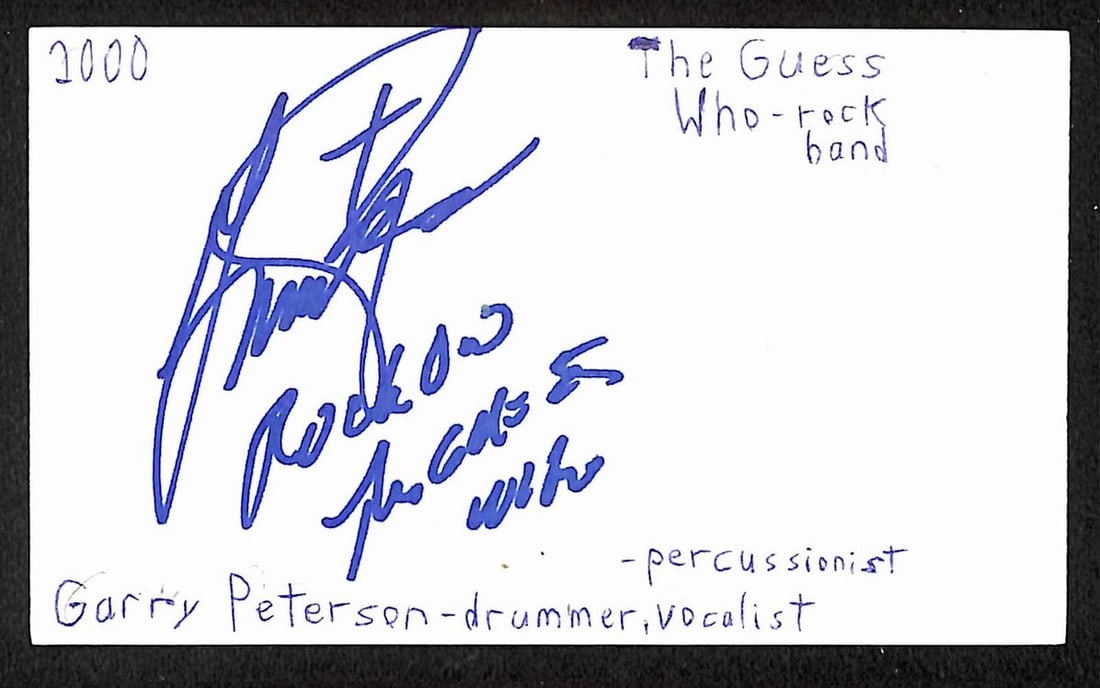 Garry Peterson Signed 3x5 Index Card JSA The Guess Who: Garry Peterson Signed 3x5 Index Card JSA The Guess Who This is an original 3x5 index card autographed by Garry Peterson of The Guess Who. The item is pre-owned and comes with JSA authentication (BA209