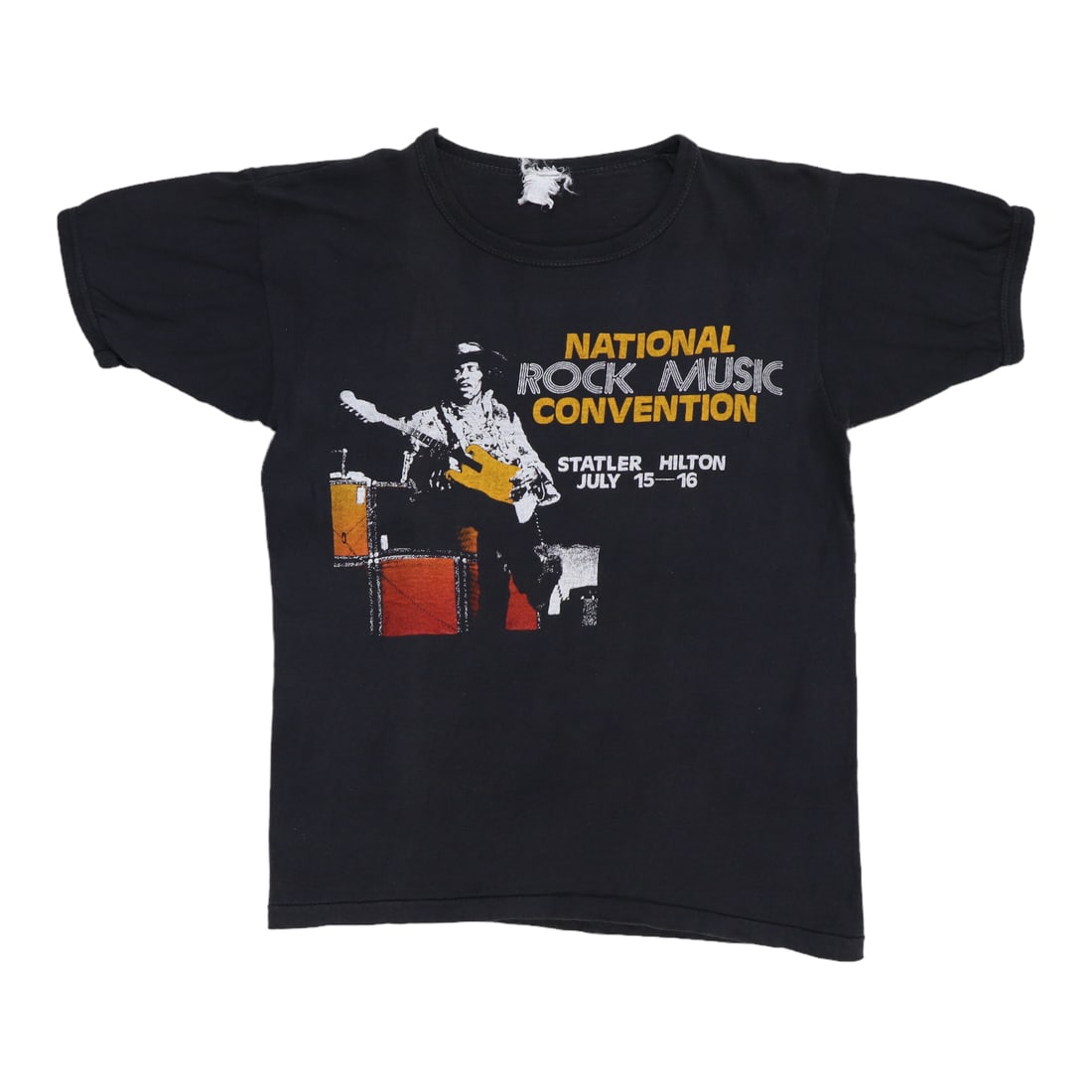 Vintage 1970s Black Cotton Rock Music Convention T Shirt with Dual Graphics: Vintage 1970s Black Cotton Rock Music Convention T Shirt with Dual Graphics This is an original vintage 1970s National Rock Music Convention shirt featuring both front and back graphics. Made from 100