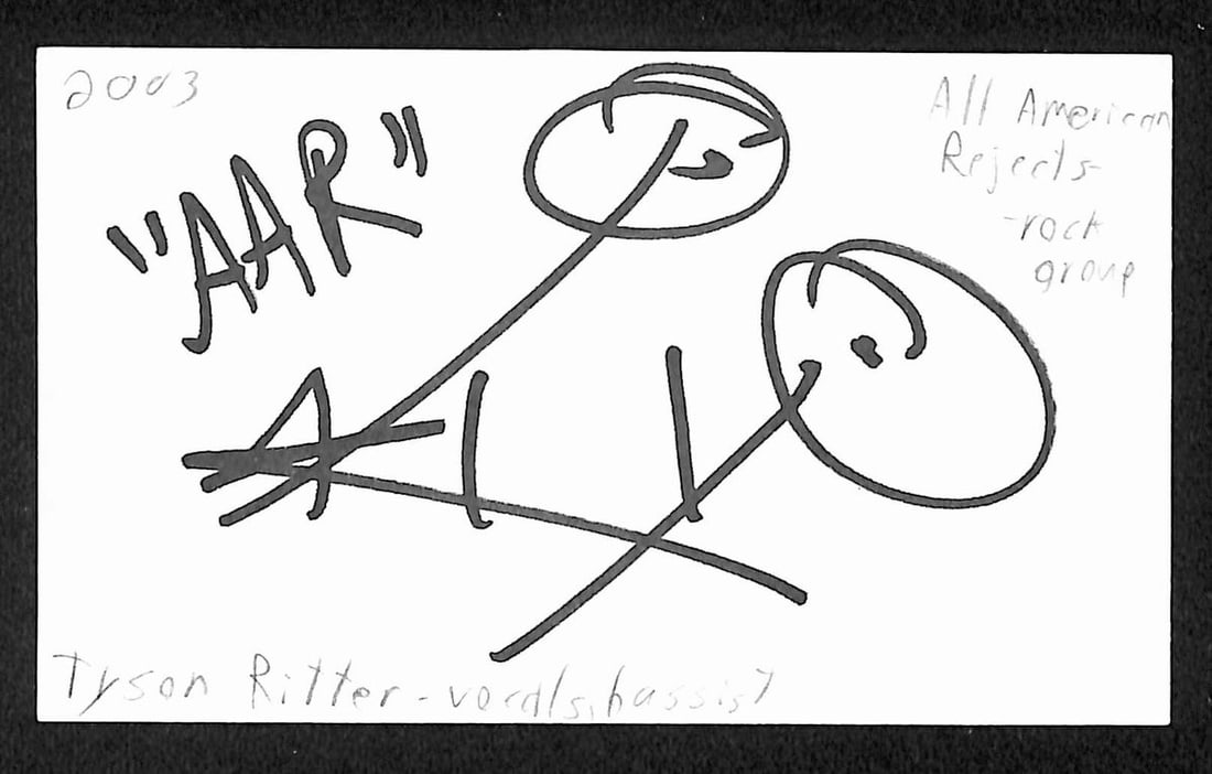 Tyson Ritter signed 3x5 index card JSA: Tyson Ritter signed 3x5 index card JSA This is an original 3x5 index card autographed by Tyson Ritter of the All-American Rejects. The item has been authenticated by JSA (certification number BA209487