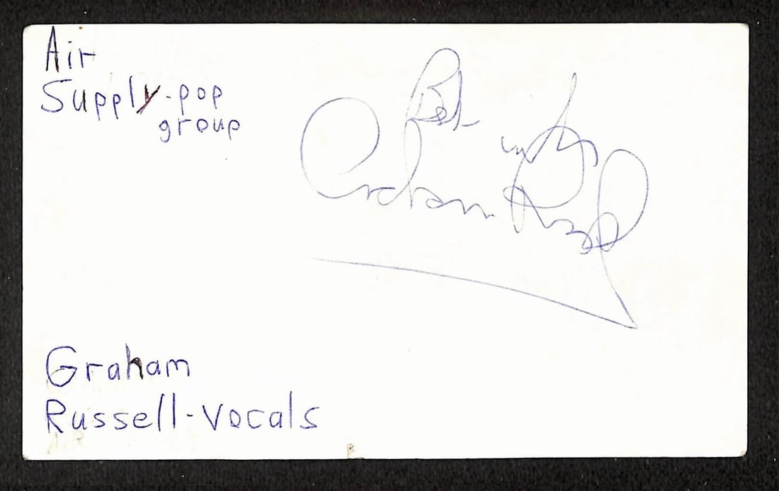 Graham Russell signed 3x5 index card JSA BA209539: Graham Russell signed 3x5 index card JSA BA209539 This is an original 3x5 index card autographed by Graham Russell of Air Supply. The signed card comes with JSA authentication (BA209539). It is in pre