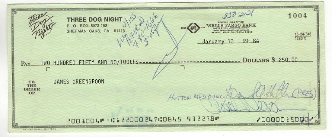Three Dog Night Signed Bank Check Hutton Negron Greenspoon Beckett Authenticated (1 of 2)