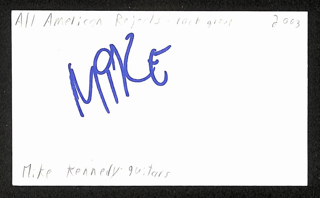 Signed Mike Kennedy 3x5 Index Card JSA BA209494: Signed Mike Kennedy 3x5 Index Card JSA BA209494 This is an original 3x5 index card autographed by Mike Kennedy of the All-American Rejects. The item comes with JSA authentication (BA209494) and is cat