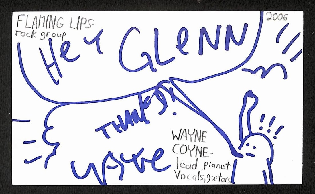 Wayne Coyne signed 3x5 index card JSA The Flaming Lips: Wayne Coyne signed 3x5 index card JSA The Flaming Lips This is an original 3x5 index card autographed by Wayne Coyne of The Flaming Lips. The item is pre-owned and includes authentication with JSA cer