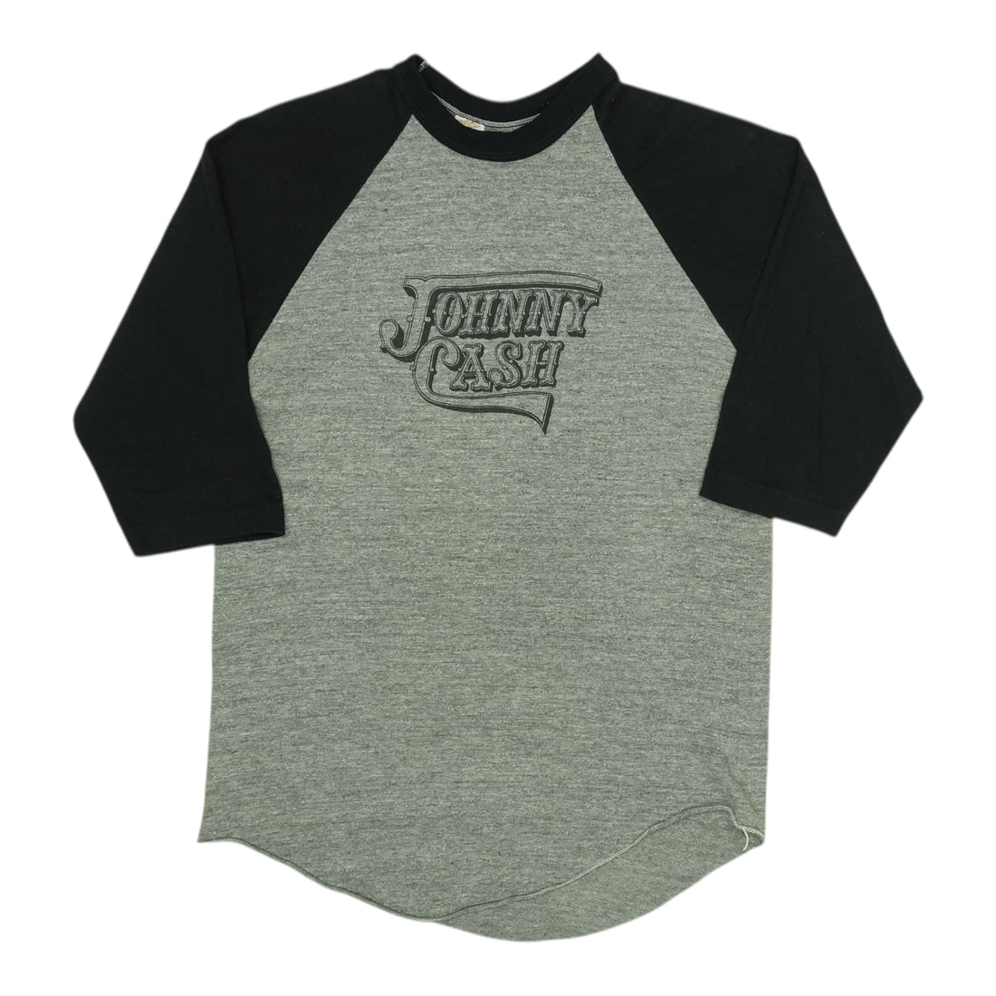 Vintage Johnny Cash Gray Jersey Blend Shirt from 1980s: Vintage Johnny Cash Gray Jersey Blend Shirt from 1980s This is an original vintage Johnny Cash jersey shirt from the 1980s. Featuring a gray color, the shirt is made from a blend material and does not