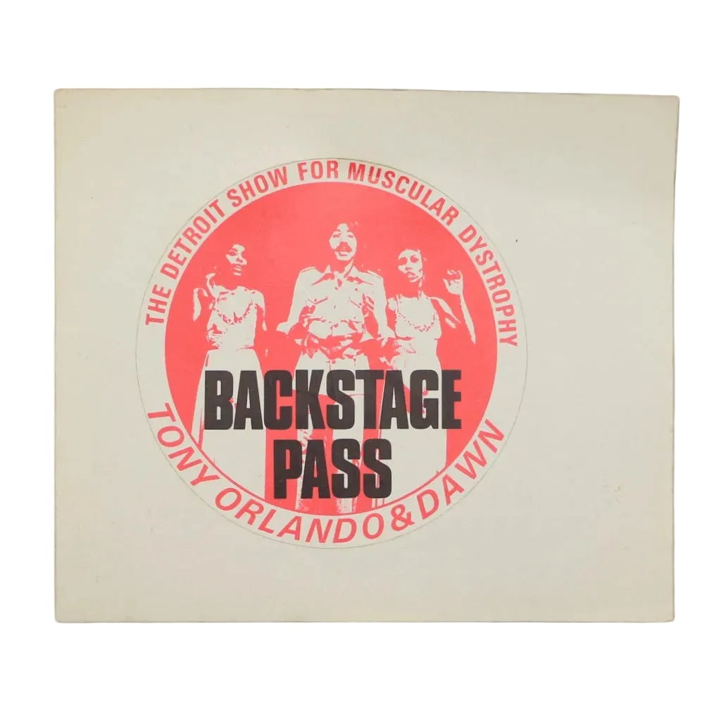 Vintage Backstage Pass Tony Orlando and Dawn Detroit Muscular Dystrophy Show 1980s: Vintage Backstage Pass Tony Orlando and Dawn Detroit Muscular Dystrophy Show 1980s This is a true vintage backstage pass from the 1980s for the Tony Orlando And Dawn Detroit Show benefiting Muscular D