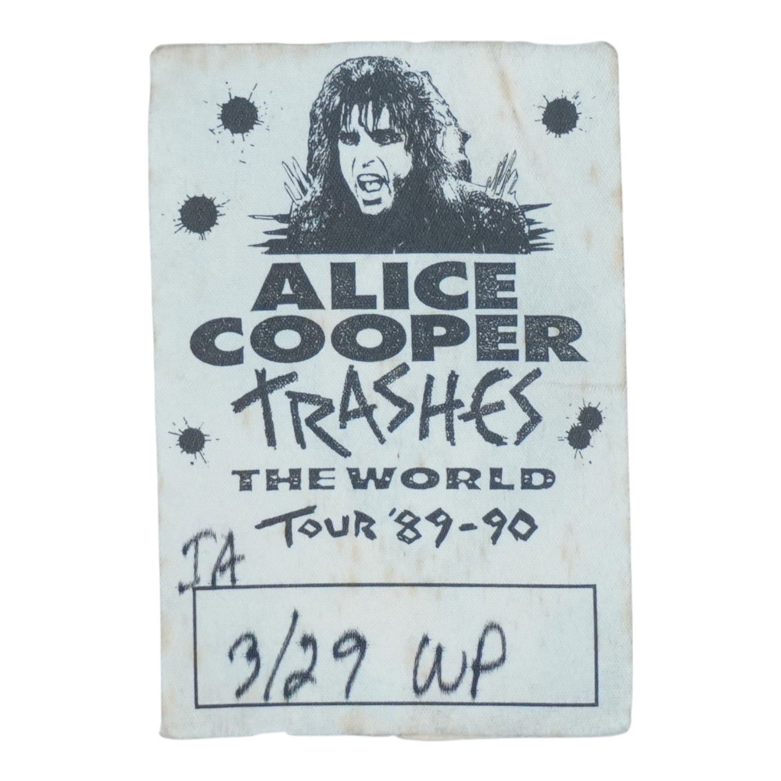 1989 Alice Cooper Tour Backstage Pass Trashes The World: 1989 Alice Cooper Tour Backstage Pass Trashes The World This is an original vintage backstage pass from the 1989 Alice Cooper Trashes The World Tour. It is an authentic piece of music memorabilia issu