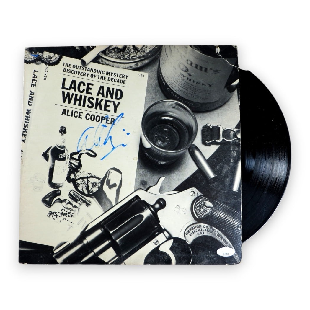 Alice Cooper Lace and Whiskey Signed Record Album Cover JSA: Alice Cooper Lace and Whiskey Signed Record Album Cover JSA This is an original signed album cover of Alice Cooper's record titled 'Lace and Whiskey'. The autograph has been authenticated by James Spe