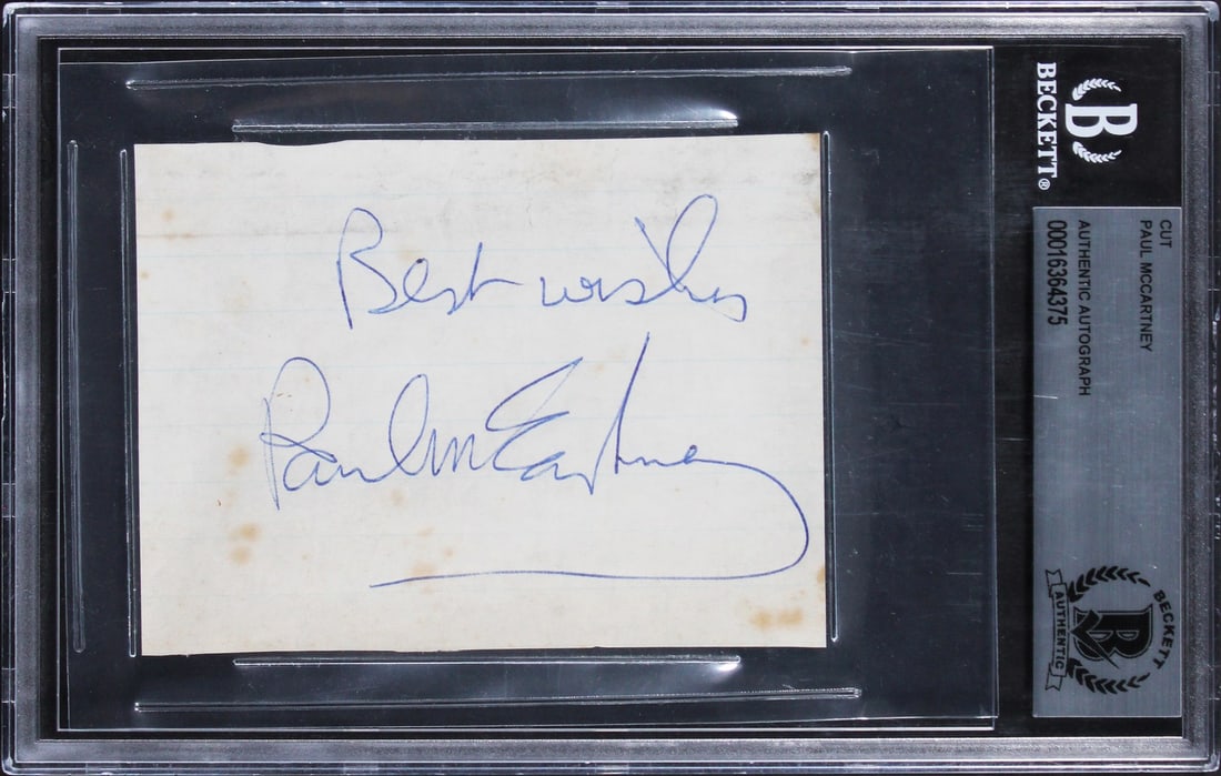 Paul McCartney Signed 3x4 Autograph Cut Slabbed by Beckett: Paul McCartney Signed 3x4 Autograph Cut Slabbed by Beckett This 3x4 cut signature features an authentic autograph from Paul McCartney of The Beatles. The item is slabbed and has been authenticated by 
